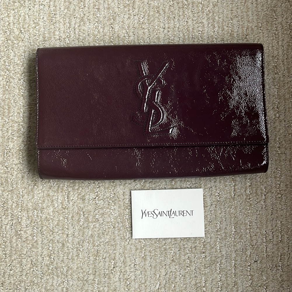 Saint Laurent Belle de Jour Patent Clutch in plum.